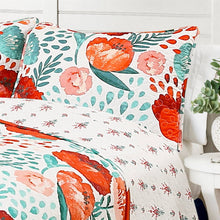 Load image into Gallery viewer, Full/Queen Red Poppy Flower White Teal Lightweight 3 Piece Cotton Quilt Set