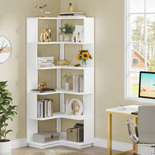 Load image into Gallery viewer, Multifunctional 6 Shelf Corner L-Shaped Bookcase in White Wood Finish