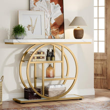 Load image into Gallery viewer, Modern Round Gold Metal Frame Foyer Console Table with White Faux Marble Shelves