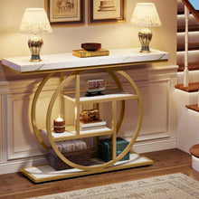 Load image into Gallery viewer, Modern Round Gold Metal Frame Foyer Console Table with White Faux Marble Shelves