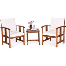 Load image into Gallery viewer, 3-Piece Solid Wood Outdoor Patio Furniture Table Chairs Set with White Cushions
