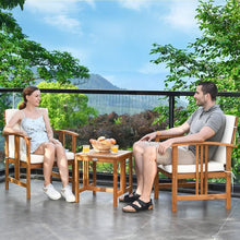 Load image into Gallery viewer, 3-Piece Solid Wood Outdoor Patio Furniture Table Chairs Set with White Cushions