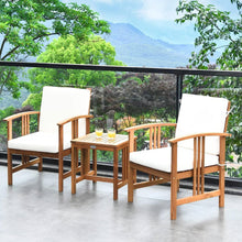Load image into Gallery viewer, 3-Piece Solid Wood Outdoor Patio Furniture Table Chairs Set with White Cushions
