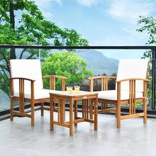 Load image into Gallery viewer, 3-Piece Solid Wood Outdoor Patio Furniture Table Chairs Set with White Cushions