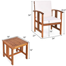 Load image into Gallery viewer, 3-Piece Solid Wood Outdoor Patio Furniture Table Chairs Set with White Cushions