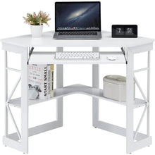 Load image into Gallery viewer, Corner Computer Desk with Keyboard Tray Storage Shelves in White