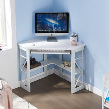 Load image into Gallery viewer, Corner Computer Desk with Keyboard Tray Storage Shelves in White