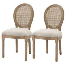 Load image into Gallery viewer, Set of 2 Vintage Upholstered Armless Rattan Back Dining Chairs Beige White