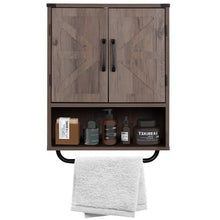 Load image into Gallery viewer, Farmhouse Bathroom Wall Cabinet with Towel Bar in Taupe Grey Brown Wood Finish