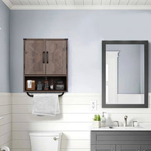 Load image into Gallery viewer, Farmhouse Bathroom Wall Cabinet with Towel Bar in Taupe Grey Brown Wood Finish