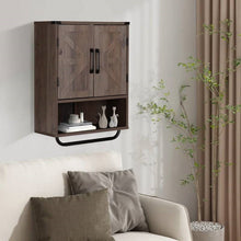 Load image into Gallery viewer, Farmhouse Bathroom Wall Cabinet with Towel Bar in Taupe Grey Brown Wood Finish
