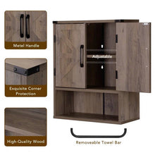 Load image into Gallery viewer, Farmhouse Bathroom Wall Cabinet with Towel Bar in Taupe Grey Brown Wood Finish