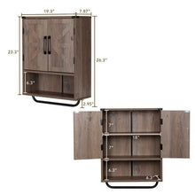 Load image into Gallery viewer, Farmhouse Bathroom Wall Cabinet with Towel Bar in Taupe Grey Brown Wood Finish