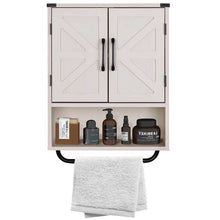 Load image into Gallery viewer, White Farmhouse Bathroom Wall Cabinet with Storage Shelf and Towel Bar