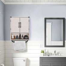 Load image into Gallery viewer, White Farmhouse Bathroom Wall Cabinet with Storage Shelf and Towel Bar