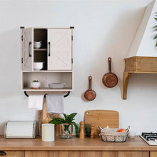 Load image into Gallery viewer, White Farmhouse Bathroom Wall Cabinet with Storage Shelf and Towel Bar