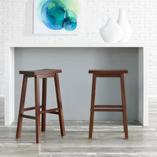 Load image into Gallery viewer, Set of 2 Farmhouse Bar Height Saddle Seat Barstools in Brown Walnut Wood Finish