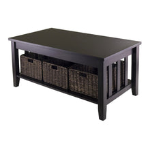 Load image into Gallery viewer, Mission Style Dark Wood Coffee Table with 3-Folding Storage Baskets