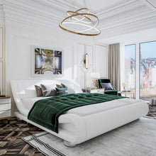 Load image into Gallery viewer, Queen Modern White Upholstered Platform Bed Frame with Sleigh Curved Headboard