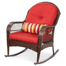 Load image into Gallery viewer, Outdoor Patio Brown Wicker Rocking Chair with Red Cushions and Accent Pillow