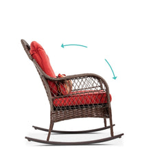 Load image into Gallery viewer, Outdoor Patio Brown Wicker Rocking Chair with Red Cushions and Accent Pillow