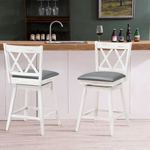 Load image into Gallery viewer, Set of 2 White Wood 24-in Counter Height Farmhouse Swivel Cushion Seat Barstools