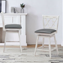 Load image into Gallery viewer, Set of 2 White Wood 24-in Counter Height Farmhouse Swivel Cushion Seat Barstools
