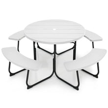 Load image into Gallery viewer, White Outdoor Metal and HDPE Picnic Table Bench Set with Umbrella Hole - Seats 8