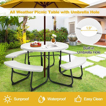 Load image into Gallery viewer, White Outdoor Metal and HDPE Picnic Table Bench Set with Umbrella Hole - Seats 8