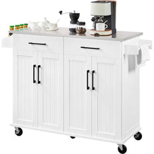 Load image into Gallery viewer, White Kitchen Cart Island with Stainless Steel Top 2 Drawers and Cabinet