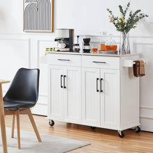 Load image into Gallery viewer, White Kitchen Cart Island with Stainless Steel Top 2 Drawers and Cabinet