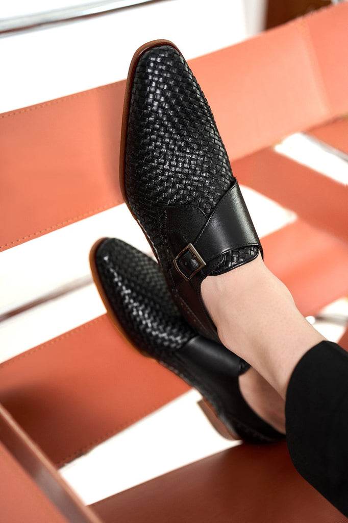 The Rolls  Woven Black Leather Single Monk Strap  Handmade Men Shoe