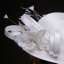 Load image into Gallery viewer, White Bridal Hat with Flower and Ribbon