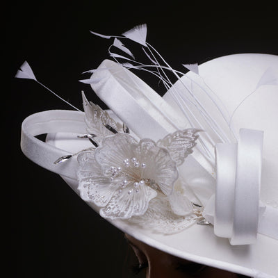 White Bridal Hat with Flower and Ribbon