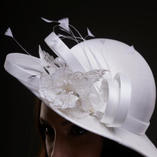 Load image into Gallery viewer, White Bridal Hat with Flower and Ribbon