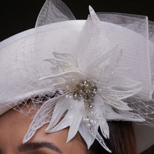 Load image into Gallery viewer, White Bridal Hat with Sculpted Flower
