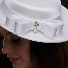 Load image into Gallery viewer, White Satin Hat with Bow and Pearls