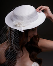Load image into Gallery viewer, White Satin Hat with Flower and Veil Netting
