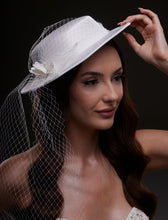 Load image into Gallery viewer, White Satin Hat with Flower and Veil Netting