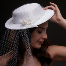 Load image into Gallery viewer, White Satin Hat with Flower and Veil Netting