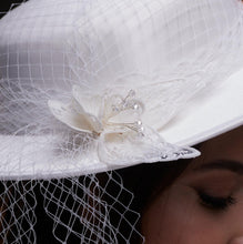 Load image into Gallery viewer, White Satin Hat with Flower and Veil Netting