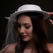 Load image into Gallery viewer, White Satin Hat with Flower and Veil Netting