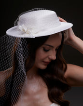 Load image into Gallery viewer, White Satin Hat with Flower and Veil Netting