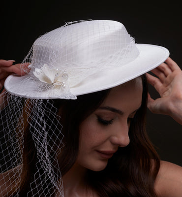 White Satin Hat with Flower and Veil Netting