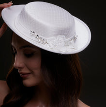 Load image into Gallery viewer, White Satin Hat with Lace Flowers &amp; Crystal Leaves