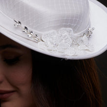 Load image into Gallery viewer, White Satin Hat with Lace Flowers &amp; Crystal Leaves