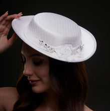 Load image into Gallery viewer, White Satin Hat with Lace Flowers &amp; Crystal Leaves