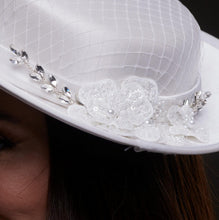 Load image into Gallery viewer, White Satin Hat with Lace Flowers &amp; Crystal Leaves