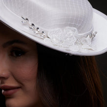 Load image into Gallery viewer, White Satin Hat with Lace Flowers &amp; Crystal Leaves