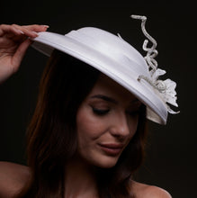 Load image into Gallery viewer, White Satin Hat with Rhinestone Vines and Tropical Flower Appliqués